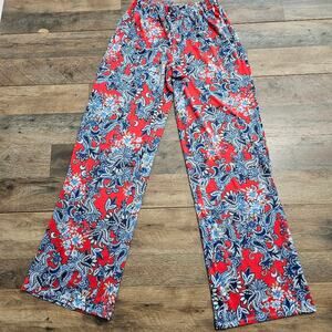 Valerie Stevens Palazzo Pants Red Blue Paisley Floral Pull On Slinky Stretchy S